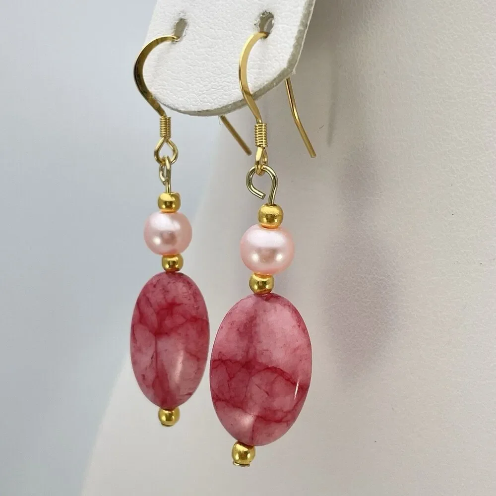 18K Gold Plated Pink Quartz Pink Glass Pearl Beaded Dangle Earrings Boho Cute